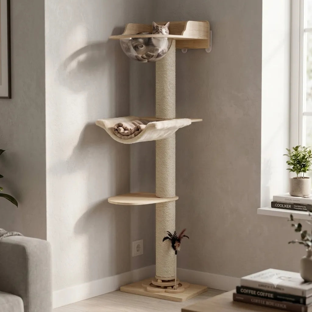 LOLOPAWS Modern wooden cat tower positioned by a window in a small apartment, with a cat perched on the top platform