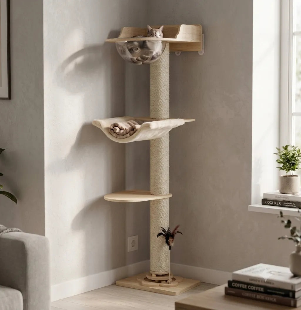 LOLOPAWS Modern wooden cat tower positioned by a window in a small apartment, with a cat perched on the top platform