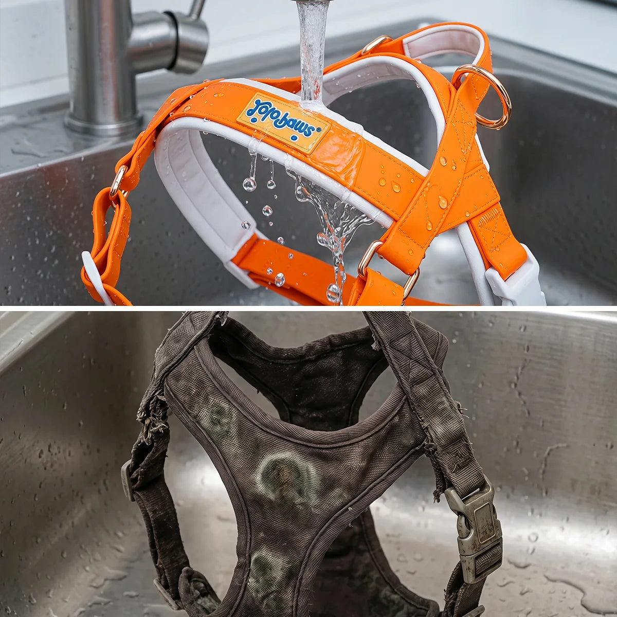 LOLOPAWS waterproof dog harness being washed under running water for easy cleaning