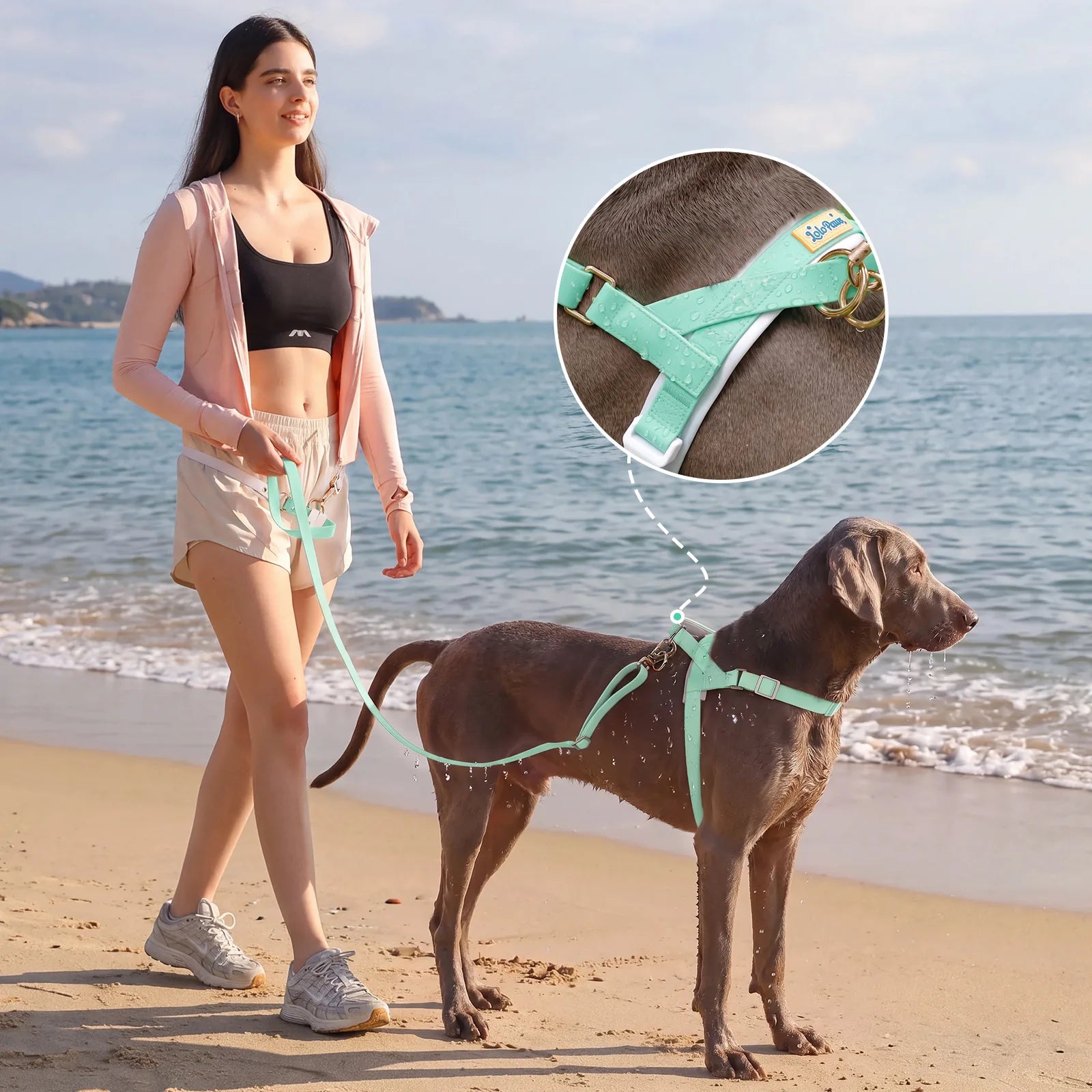 Brown dog wearing a LOLOPAWS Pistachio waterproof no-pull harness and leash on the beach, with a close-up of the easy-clean harness material.