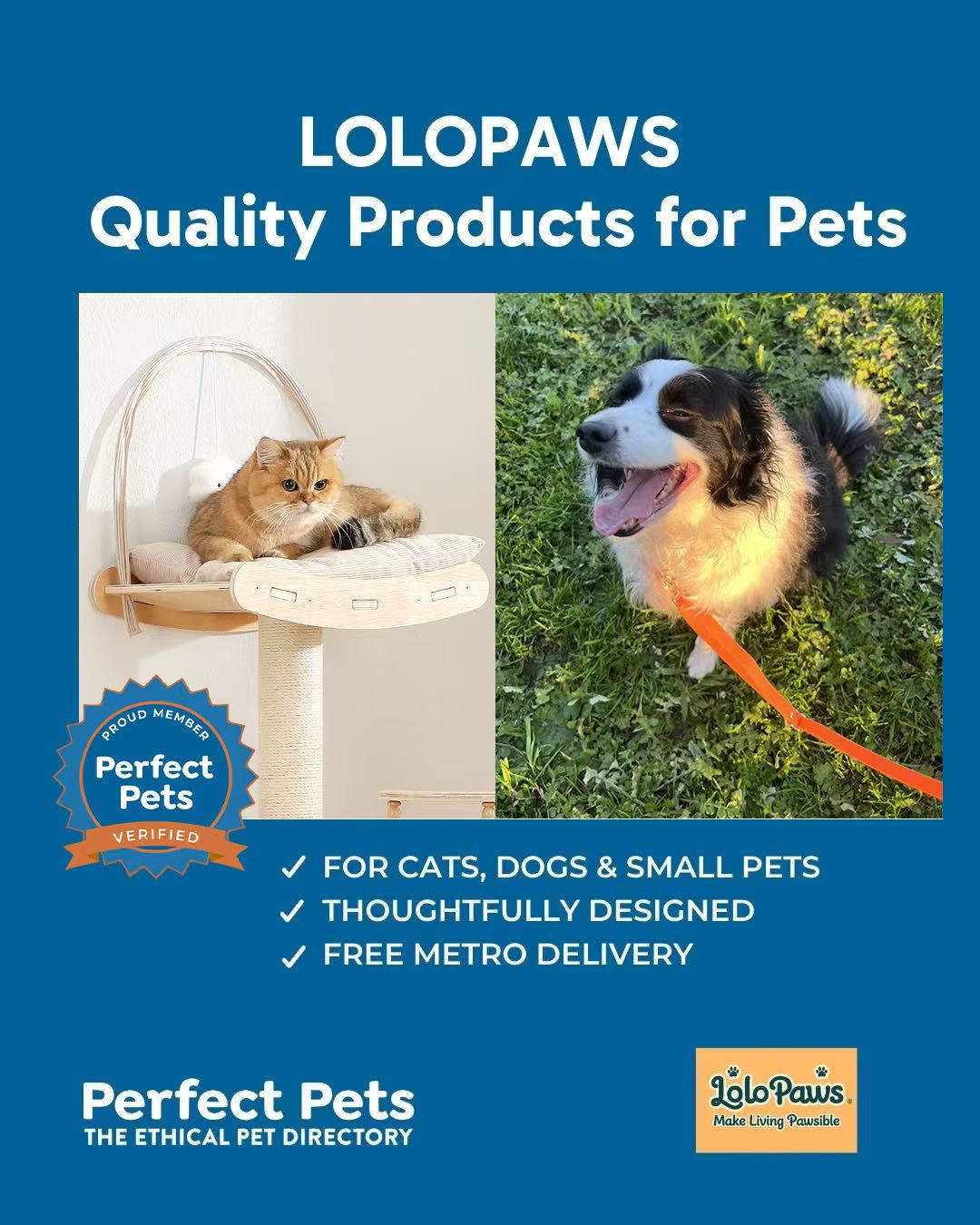LoloPaws Perfect Pets Verified badge — quality pet products for cats, dogs and small pets with free metro delivery