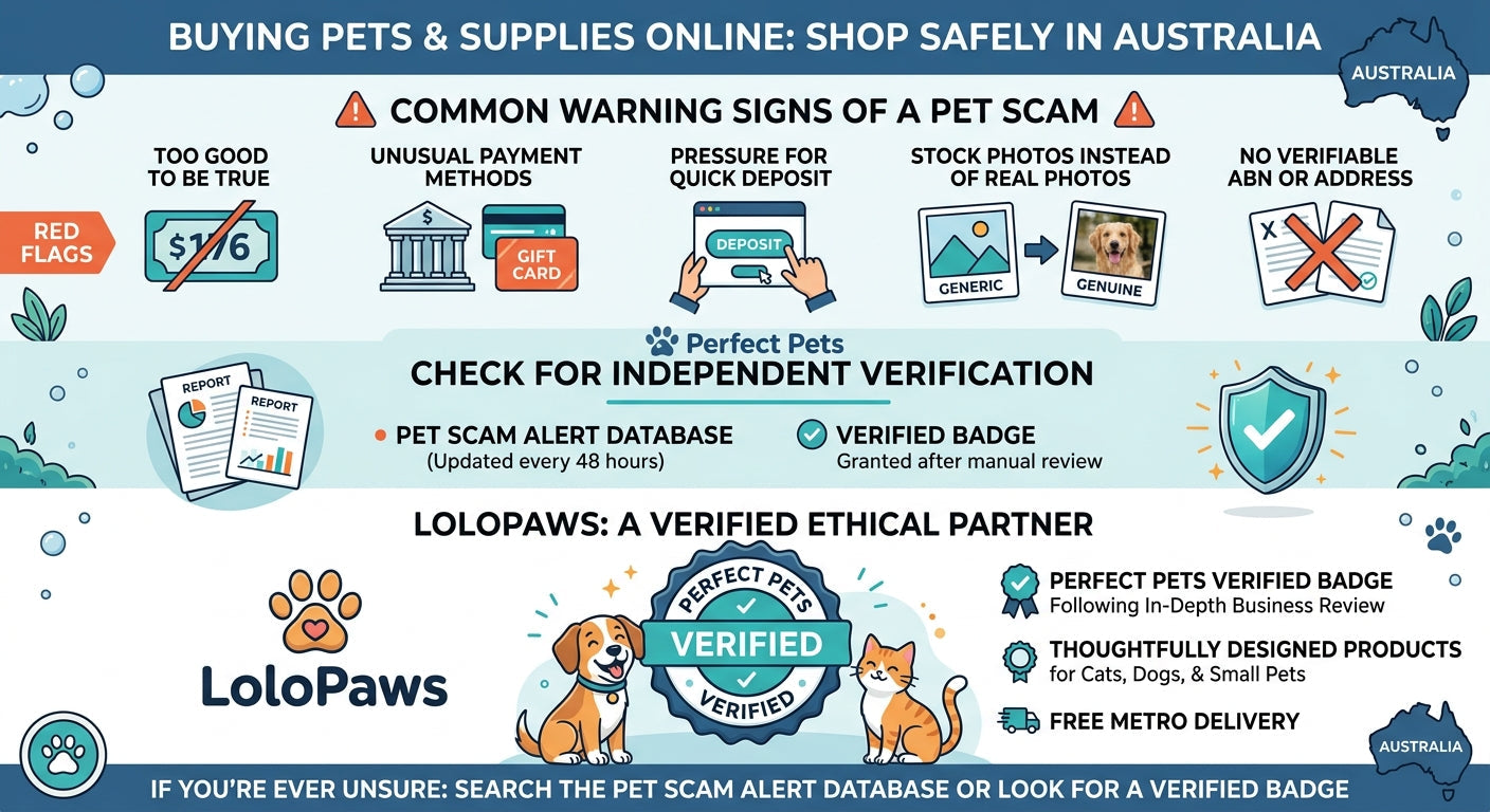 Infographic showing warning signs of online pet scams in Australia and LoloPaws' verified ethical seller badge
