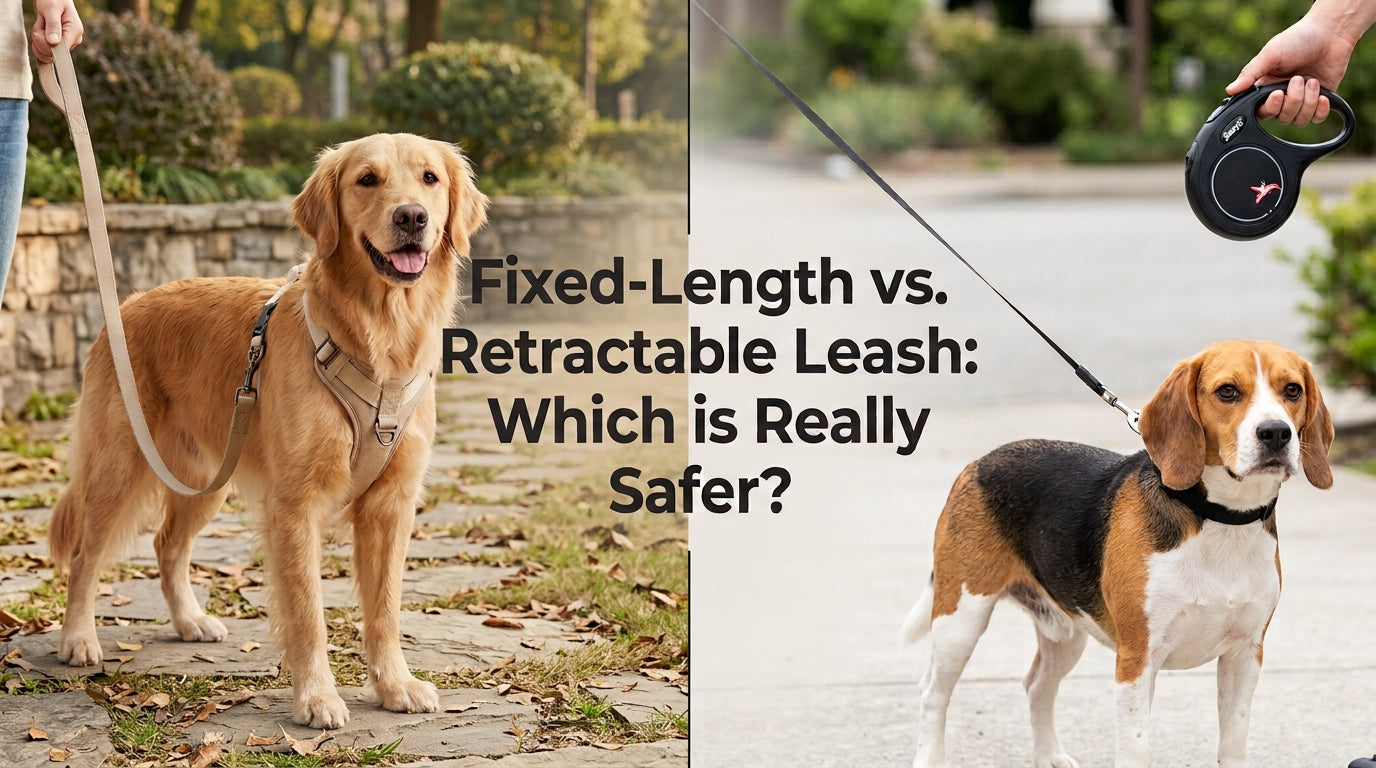 Golden retriever on a fixed-length leash next to a beagle on a retractable leash, comparing the two leash types