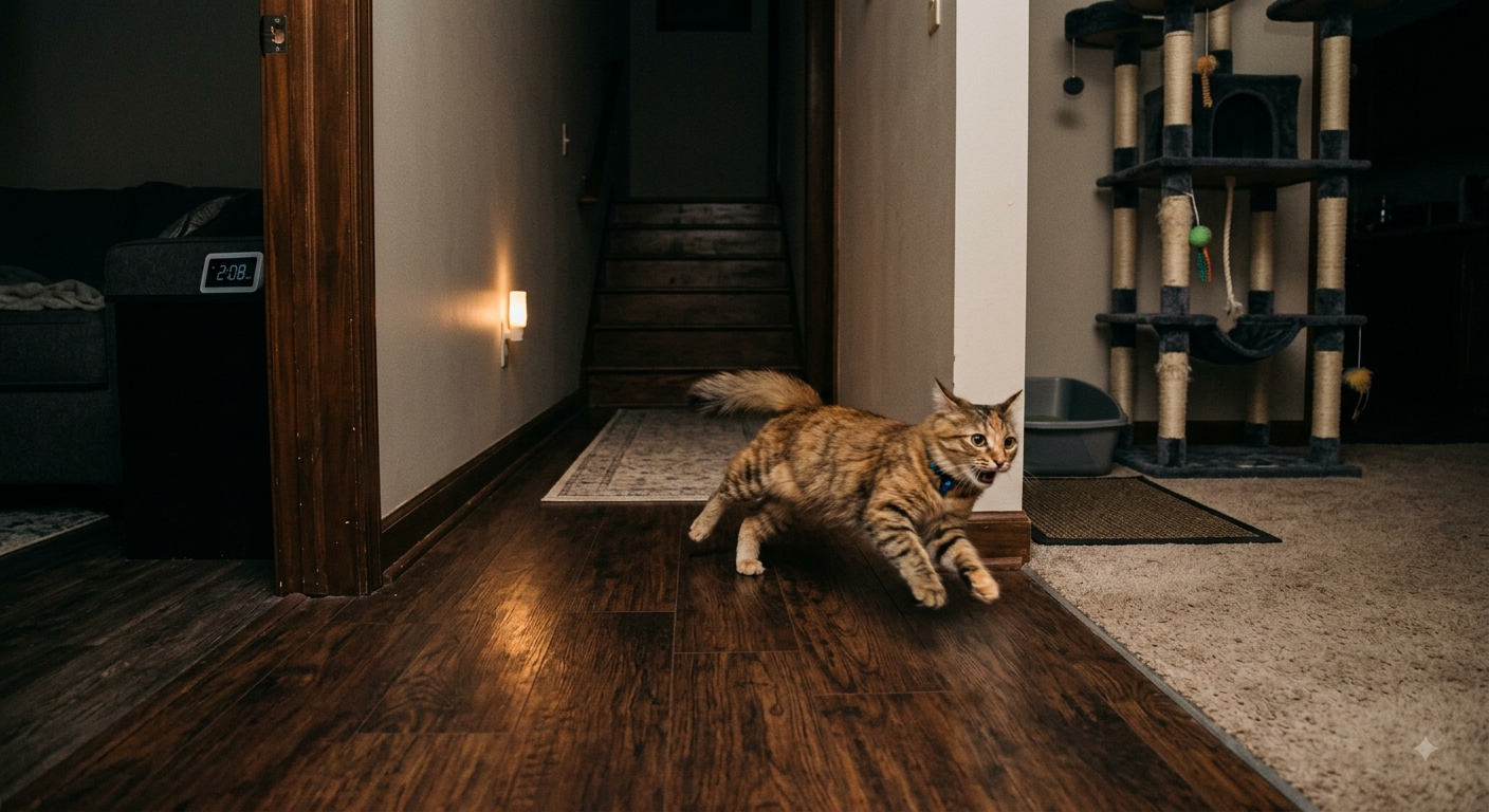 Tabby cat mid-sprint through a dim hallway at night, zoomies energy burst, cat tree visible in background room