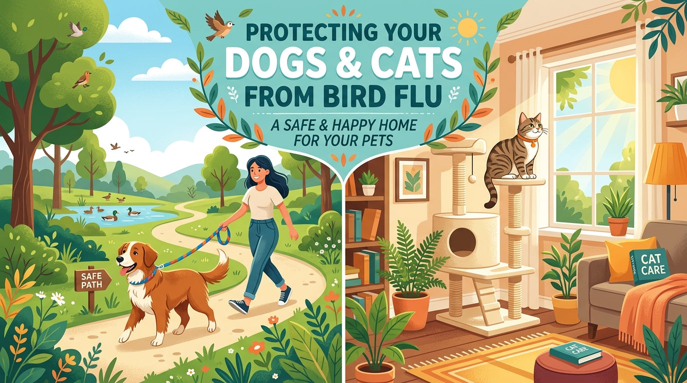 Dog walking outdoors and cat resting on a cat tree indoors — protecting pets from bird flu