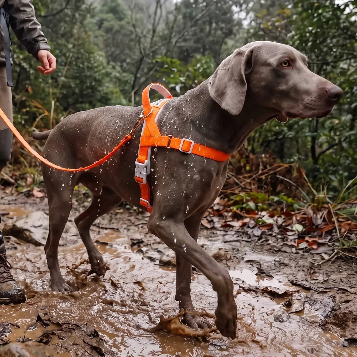 Weimaraner in mud wearing a Tangerine waterproof no-pull harness for large dogs