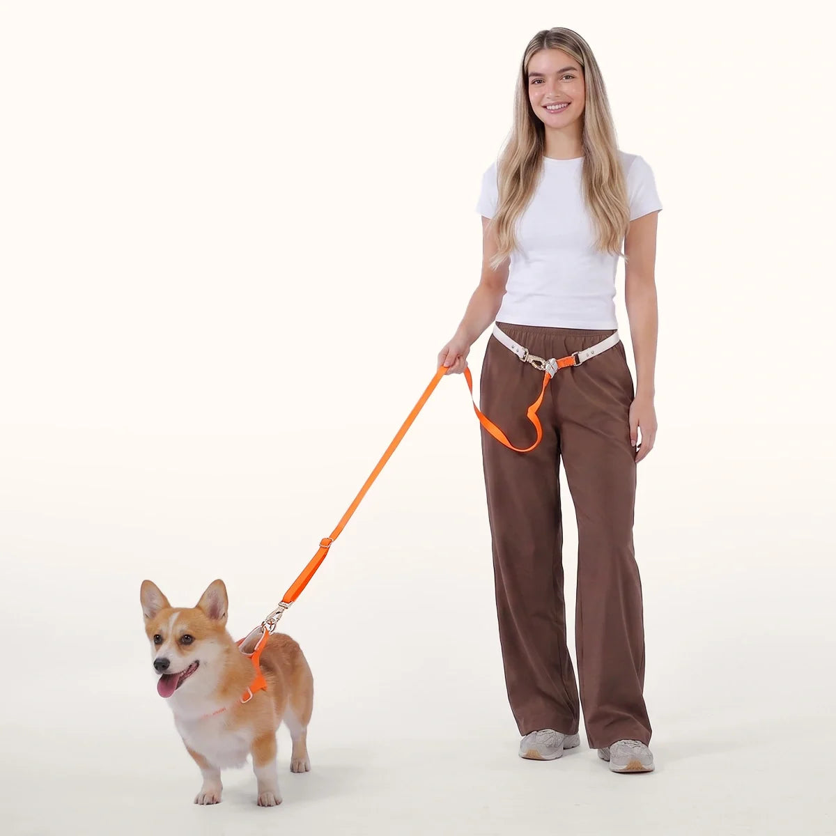 Woman walking a Corgi with LOLOPAWS orange hands-free dog leash worn around her waist, featuring an adjustable multi-way design for everyday walks and running.