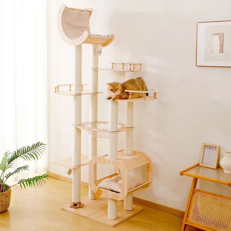 LOLOPAWS Studio Series wooden cat tree with sky hammock, cat lounging on platform