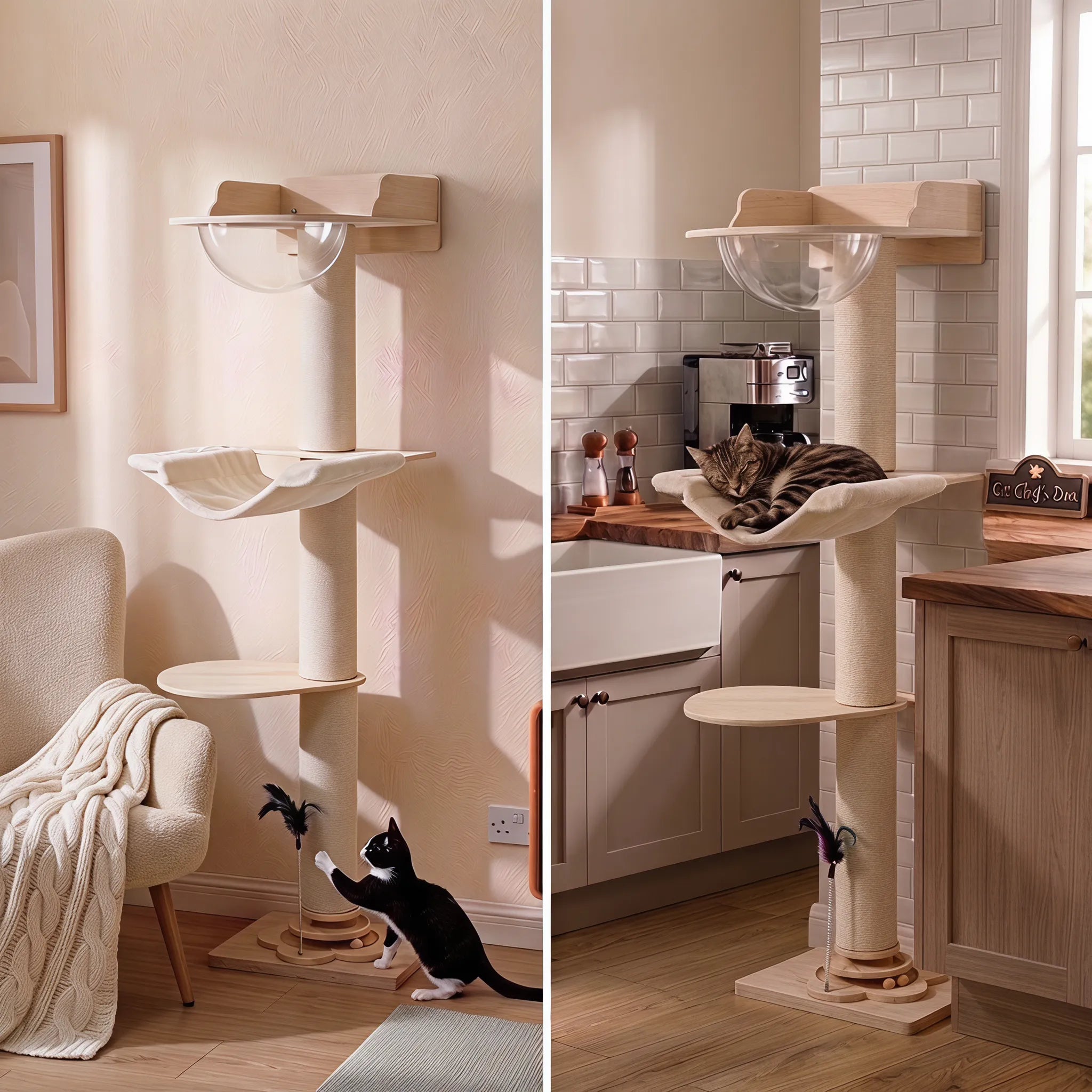 LOLOPAWS 150cm wooden wall-mounted cat tree showing installation compatibility on both standard painted walls in a living room and smooth kitchen tile surfaces, securing a stable multi-level cat tower.