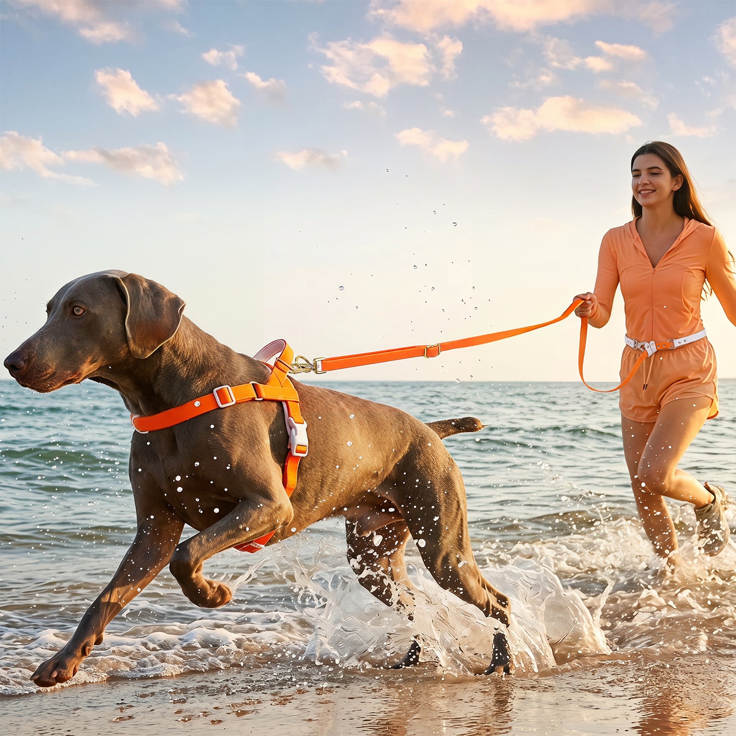 LoloPaws orange waterproof multi-way dog leash flat lay