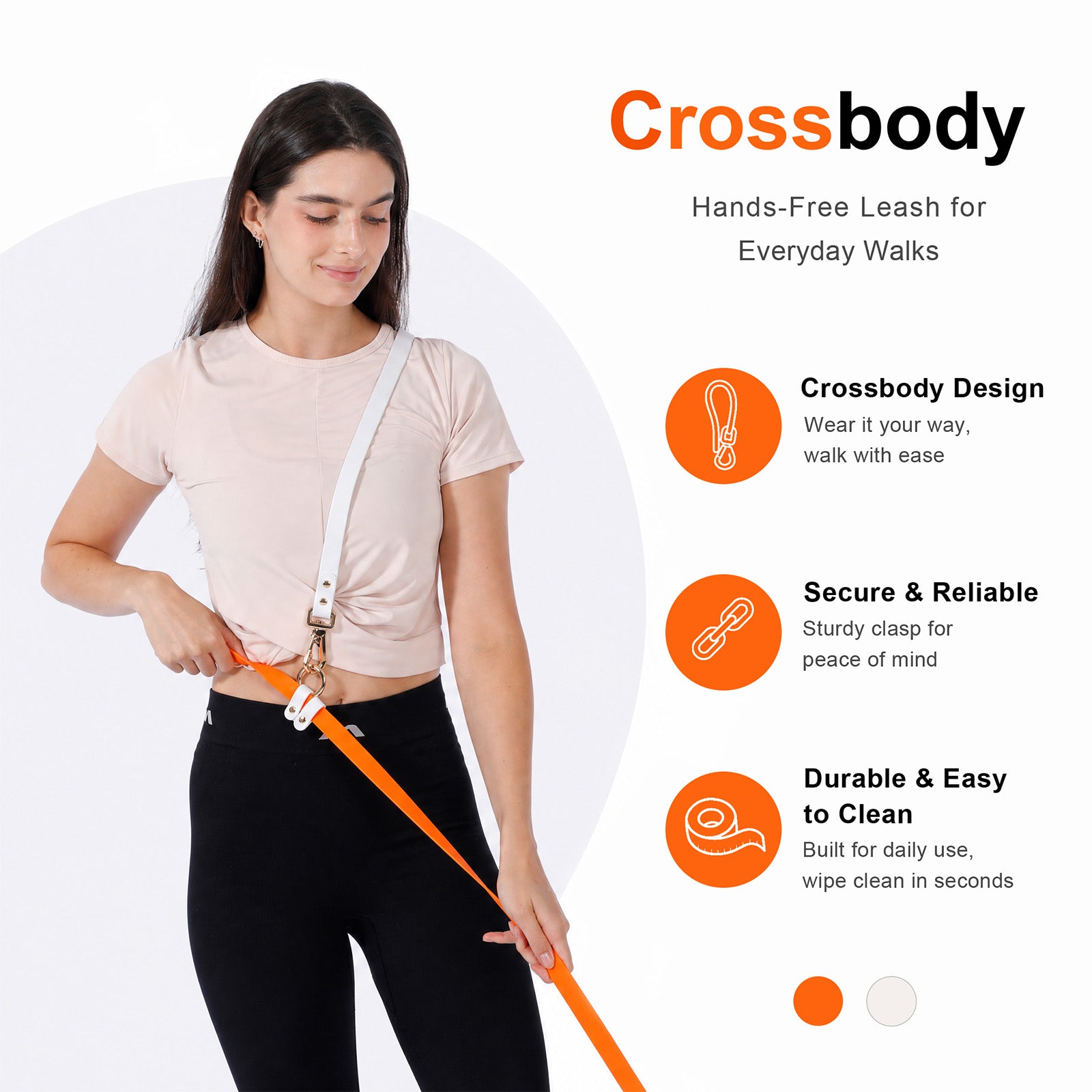 Woman wearing LoloPaws orange dog leash 