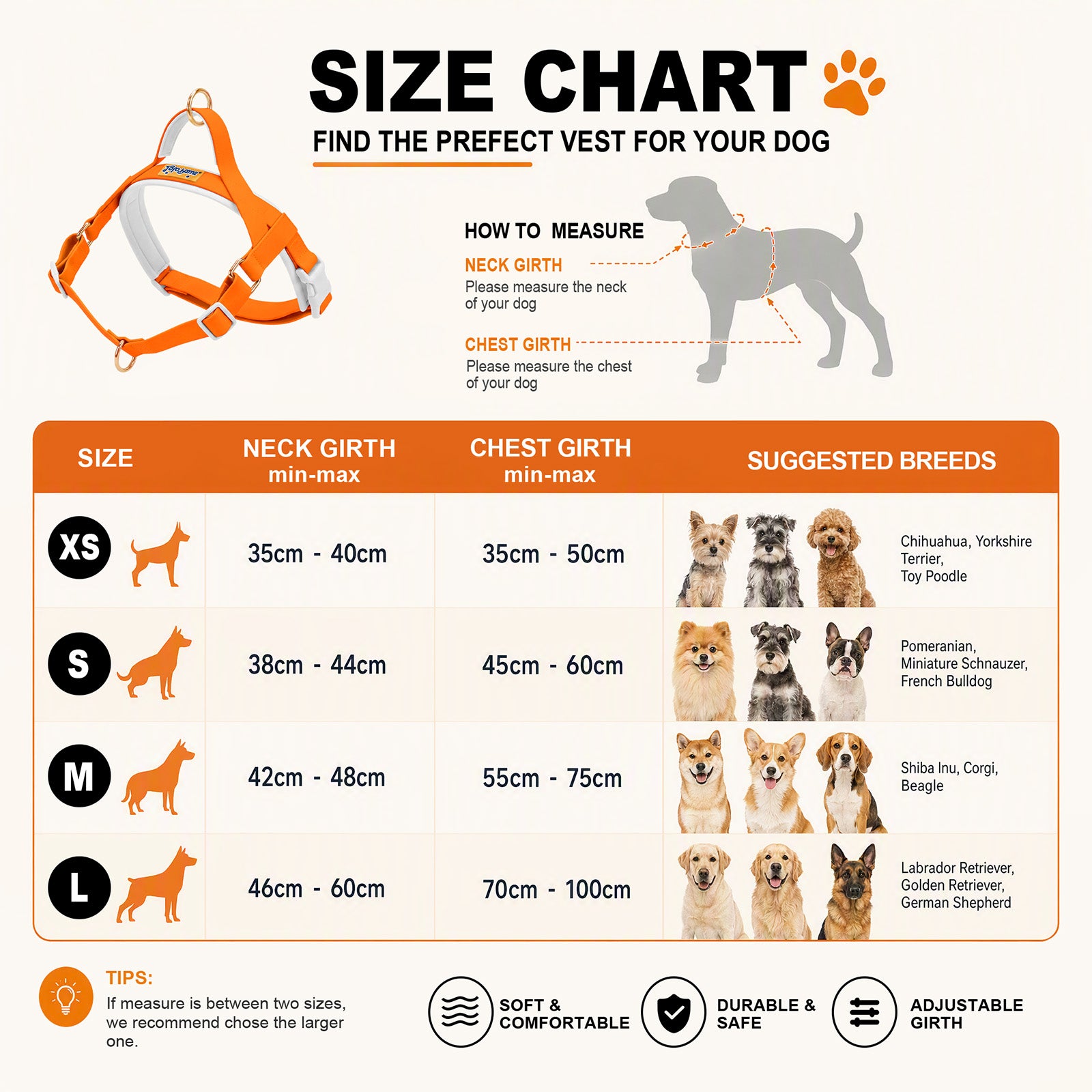 dog harness Size chart