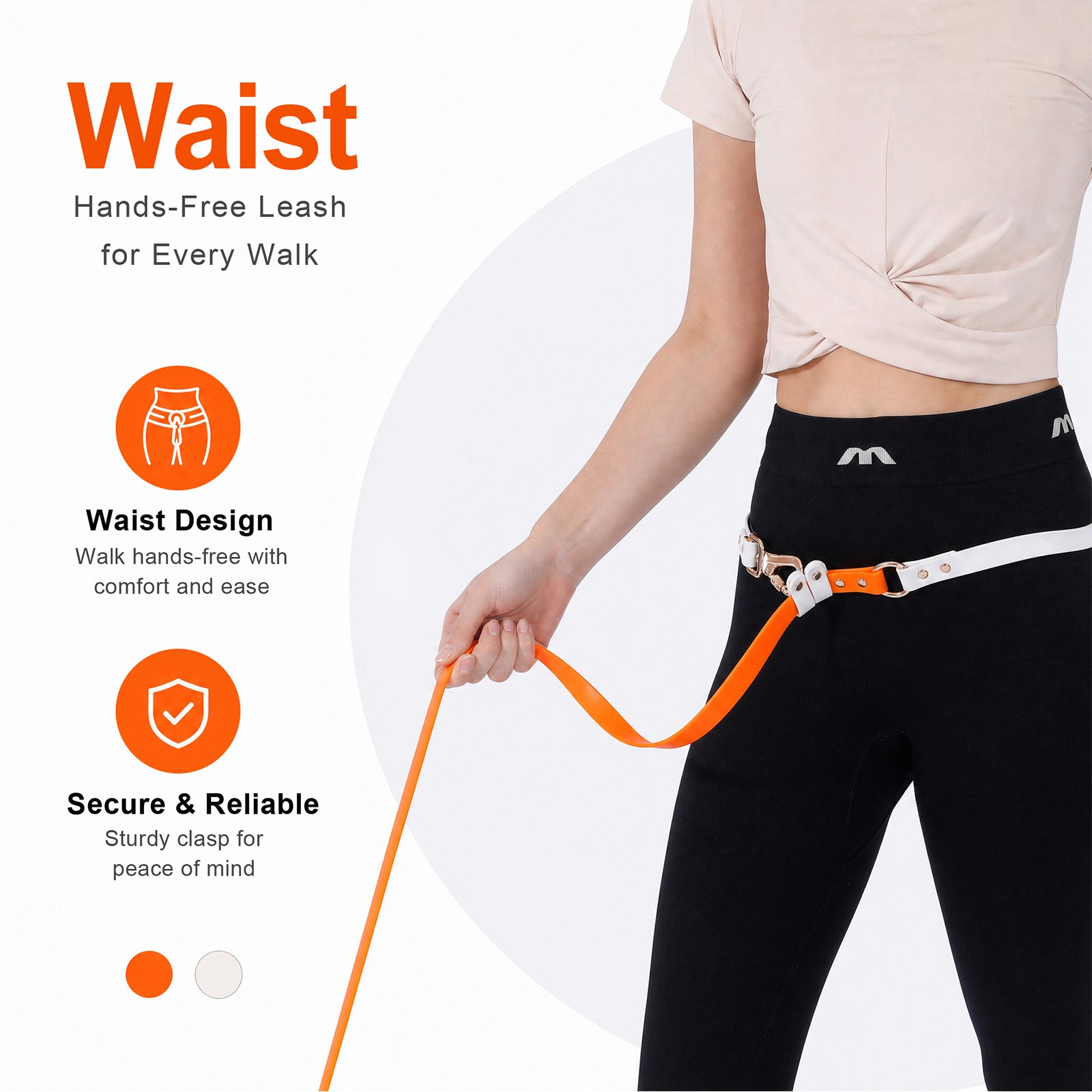 Woman wearing LoloPaws orange dog leash 