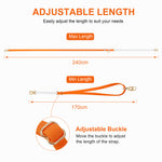 Diagram showing LoloPaws orange dog leash adjustable length from 170cm to 240cm