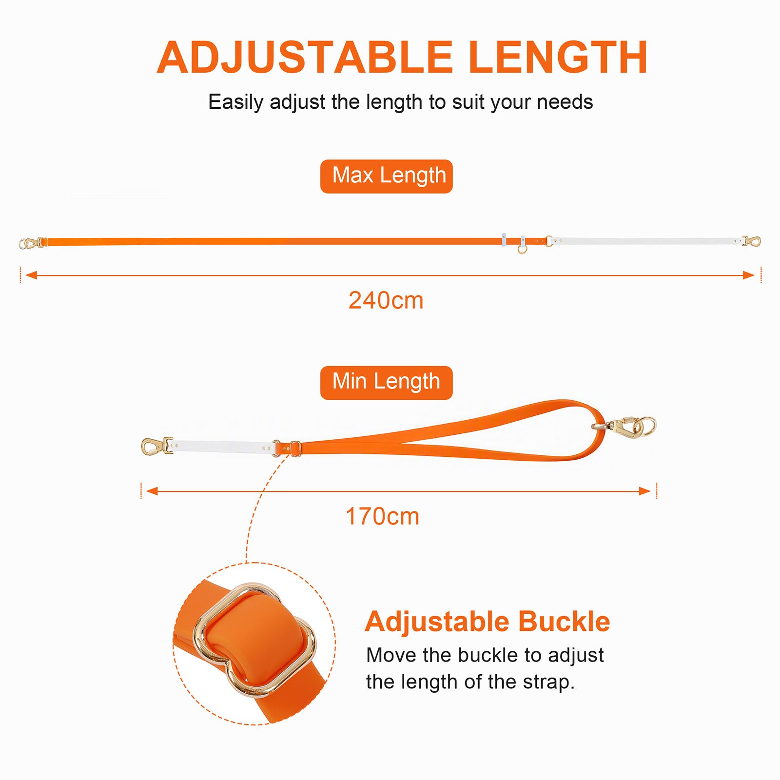 Diagram showing LoloPaws orange dog leash adjustable length from 170cm to 240cm