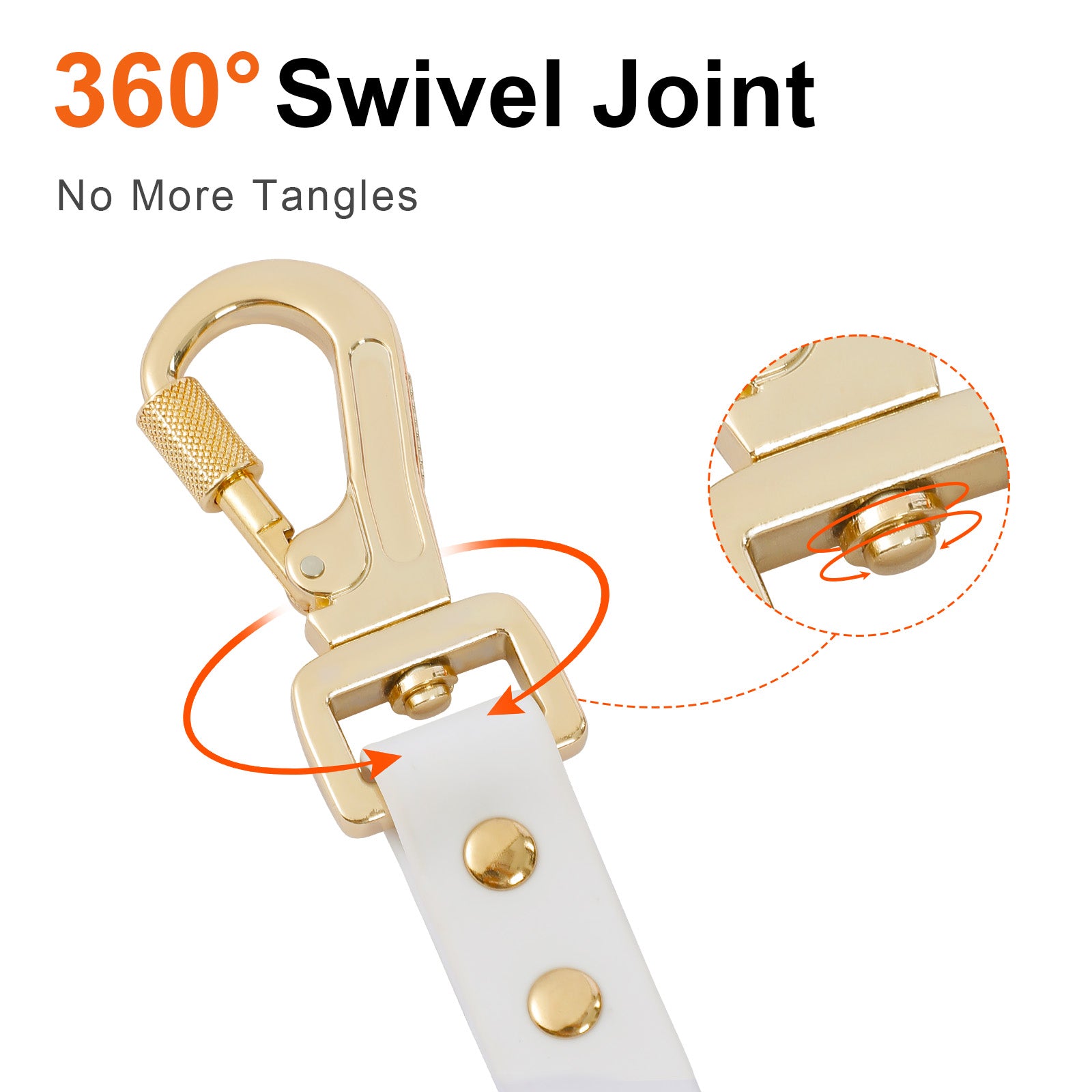 Close-up of the 360-degree swivel joint clip on the LoloPaws orange dog leash