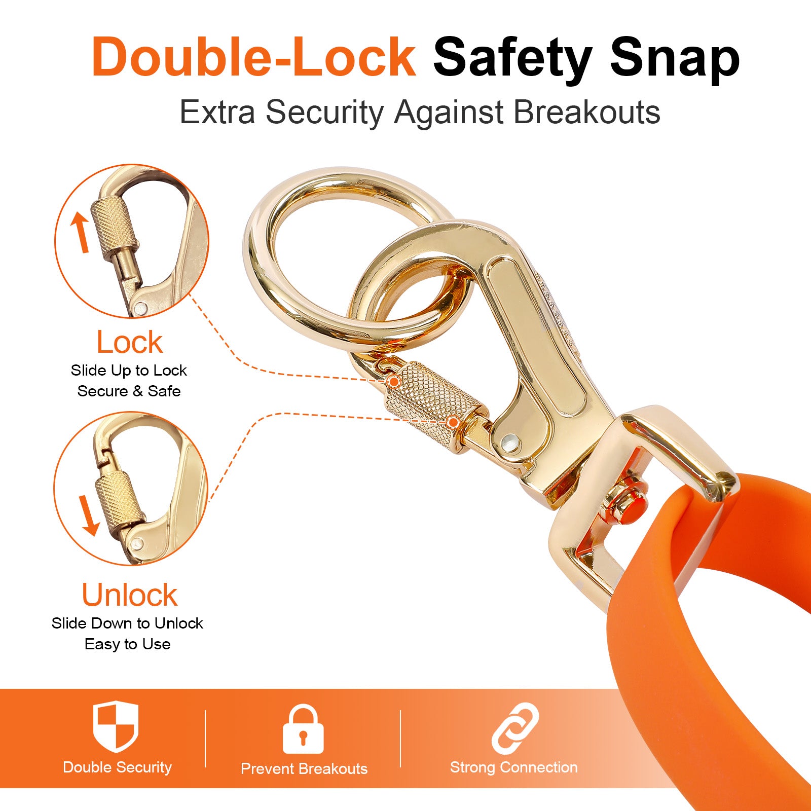 Close-up of the double-lock safety snap hook on the LoloPaws orange dog leash