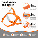 LoloPaws orange dog harness product shot with close-up details of padded straps, brand tag, and quick-release buckle