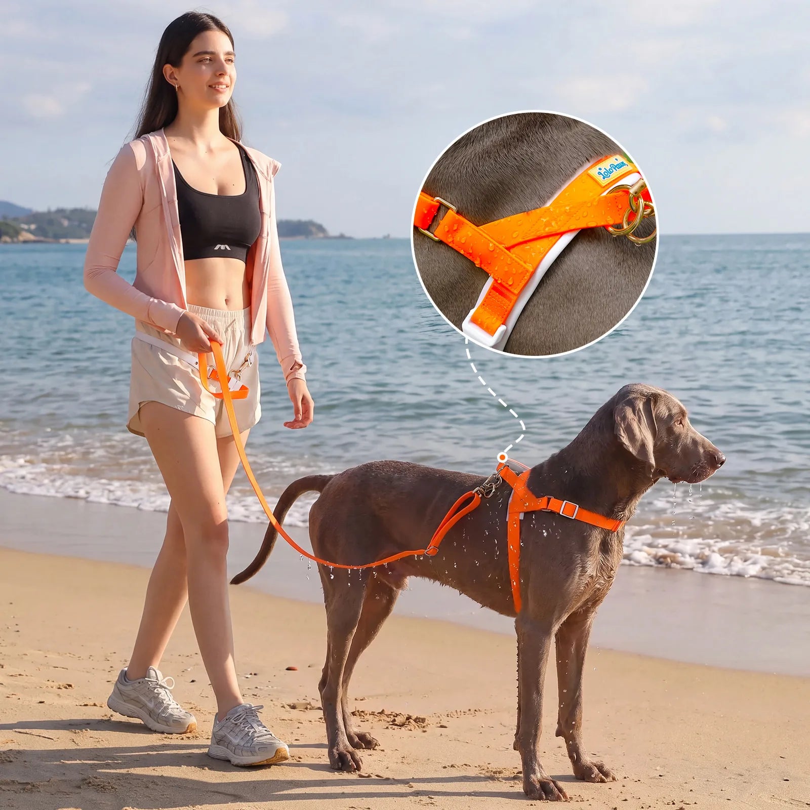 LoloPaws orange dog harness and leash walking kit lifestyle photo