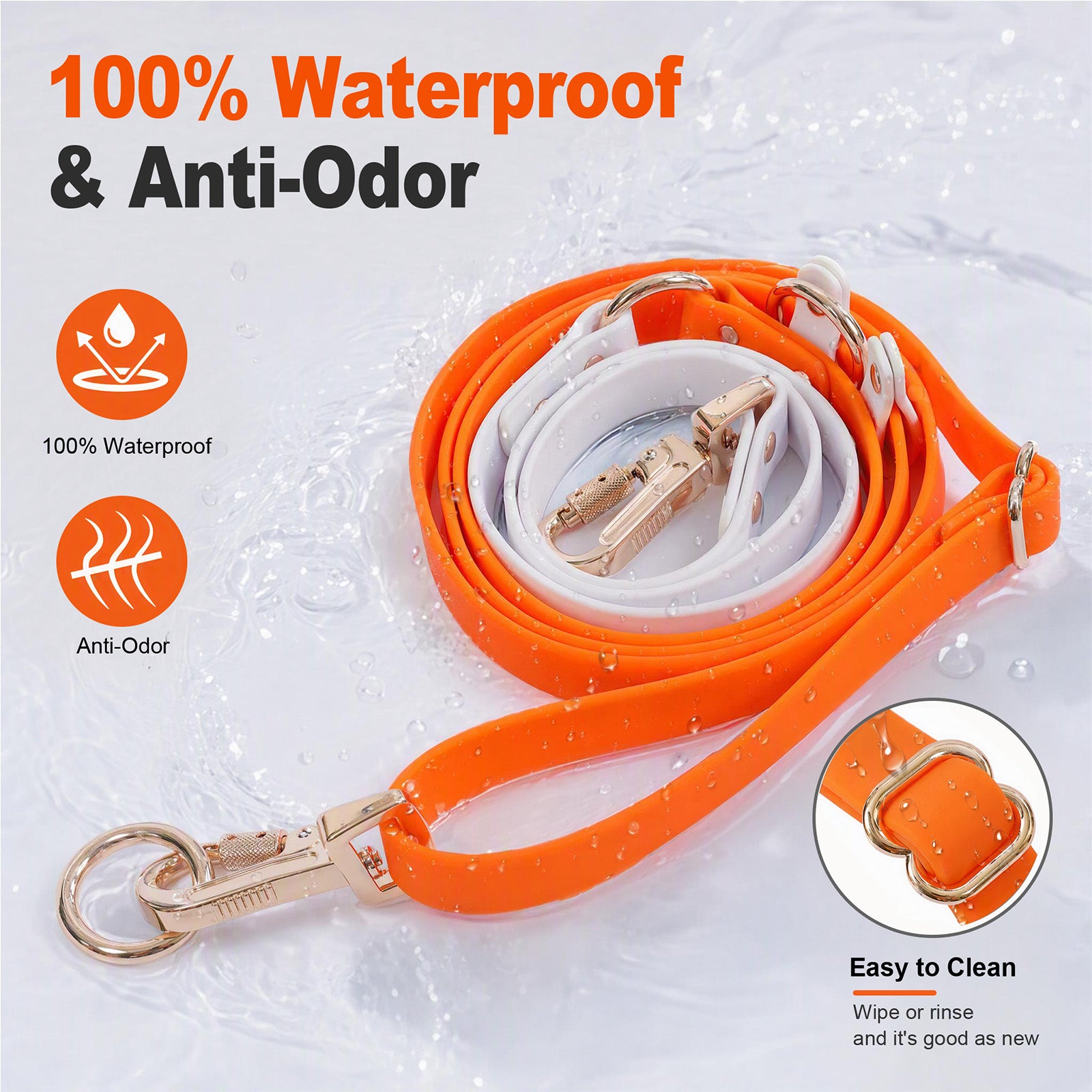 dog leash showing 100% waterproof, anti-odor material dog leash 