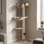 LOLOPAWS Modern 150cm wooden wall-mounted cat tree installed in a cozy living room corner, featuring a premium plywood tower with a transparent space capsule lounge bowl, soft fabric hammock, and sisal scratching post for apartments.
