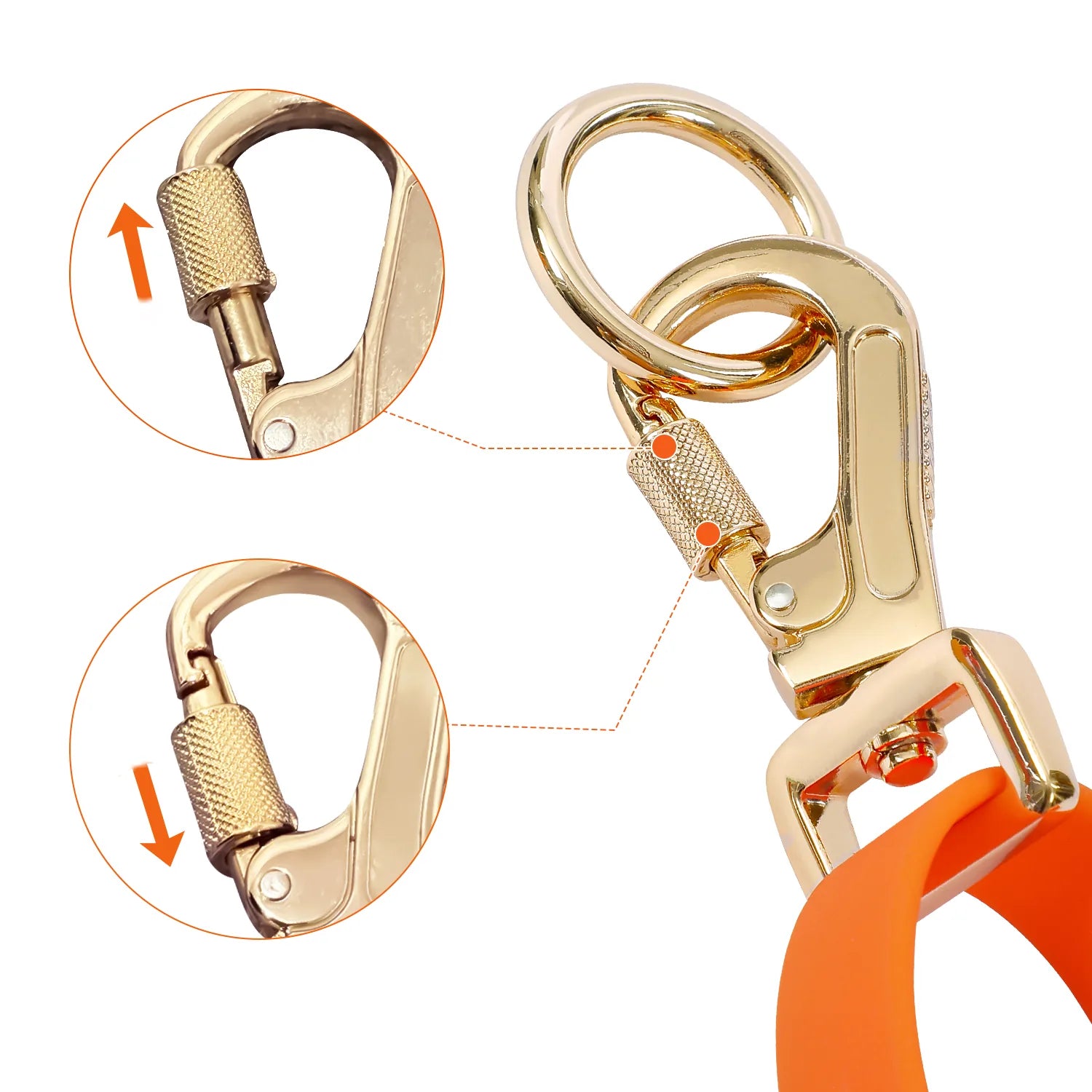 LoloPaws orange dog leash carabiner clip detail