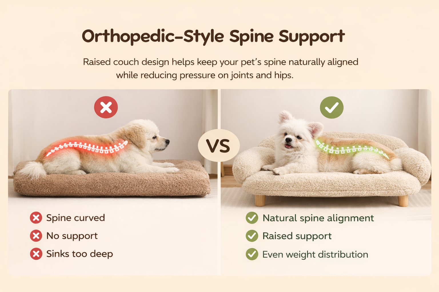 Comparison of a dog on a raised orthopedic-style pet bed versus a flat one, highlighting benefits of the raised design.