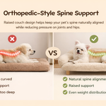 Comparison of a dog on a raised orthopedic-style pet bed versus a flat one, highlighting benefits of the raised design.