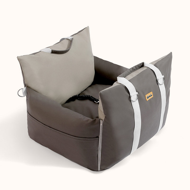 Gray and beige waterproof faux leather 3-in-1 dog car seat bed with safety straps and white handles on a plain background