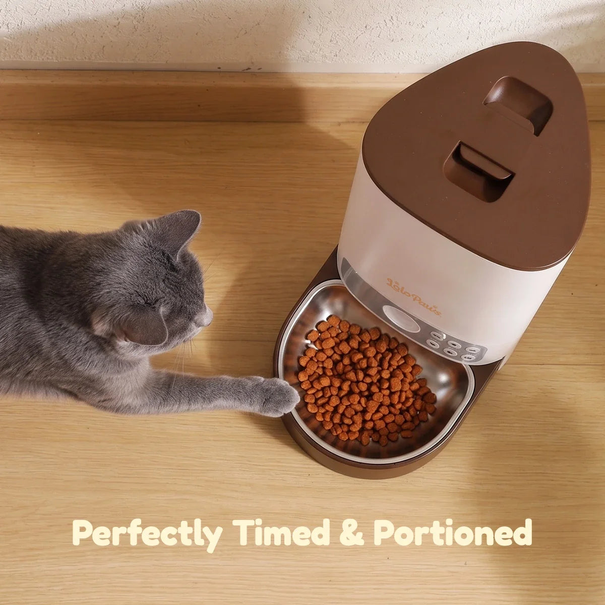 Automatic pet feeder shown from the side with triangular corner-fit design