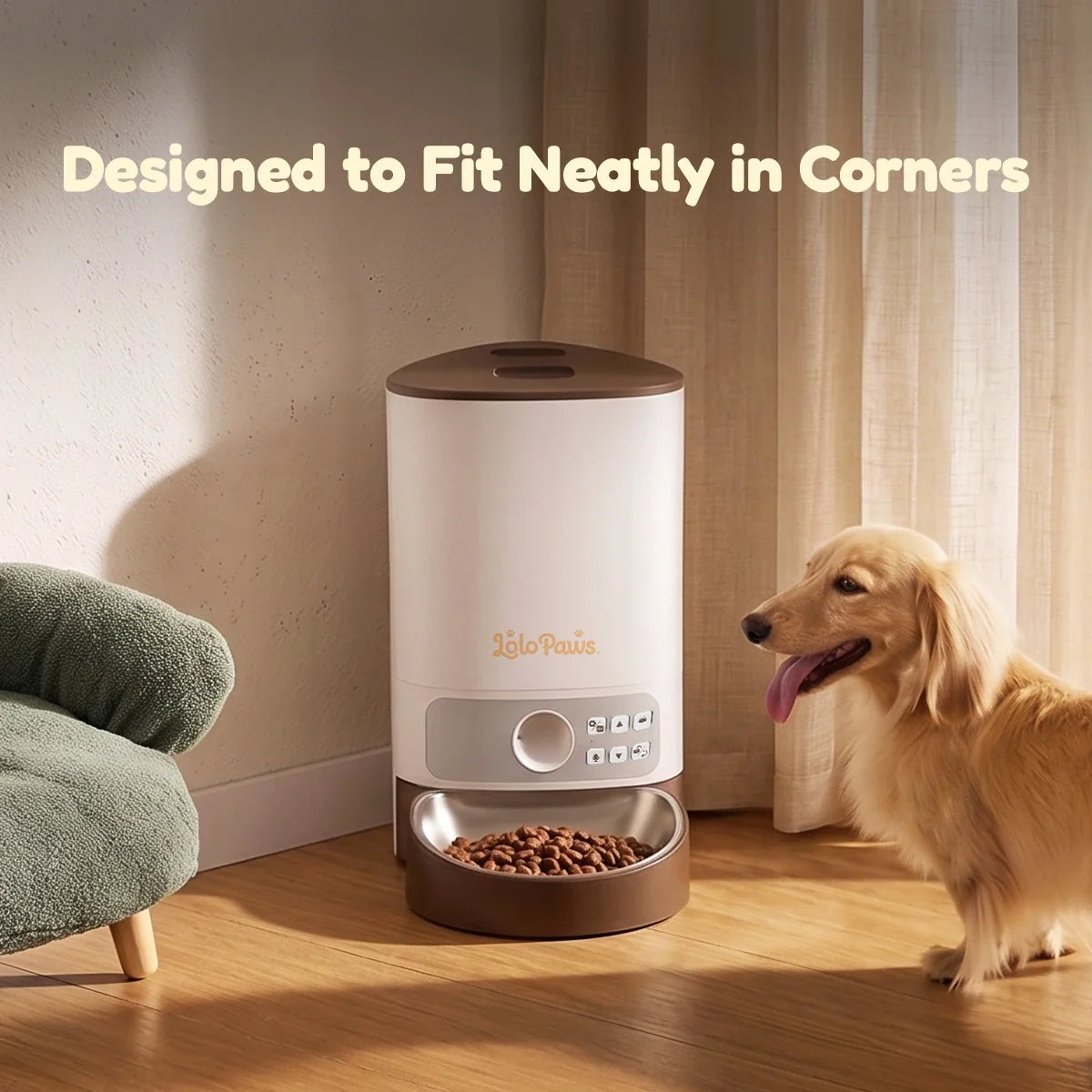 Automatic pet feeder fitted neatly into a room corner to save floor space