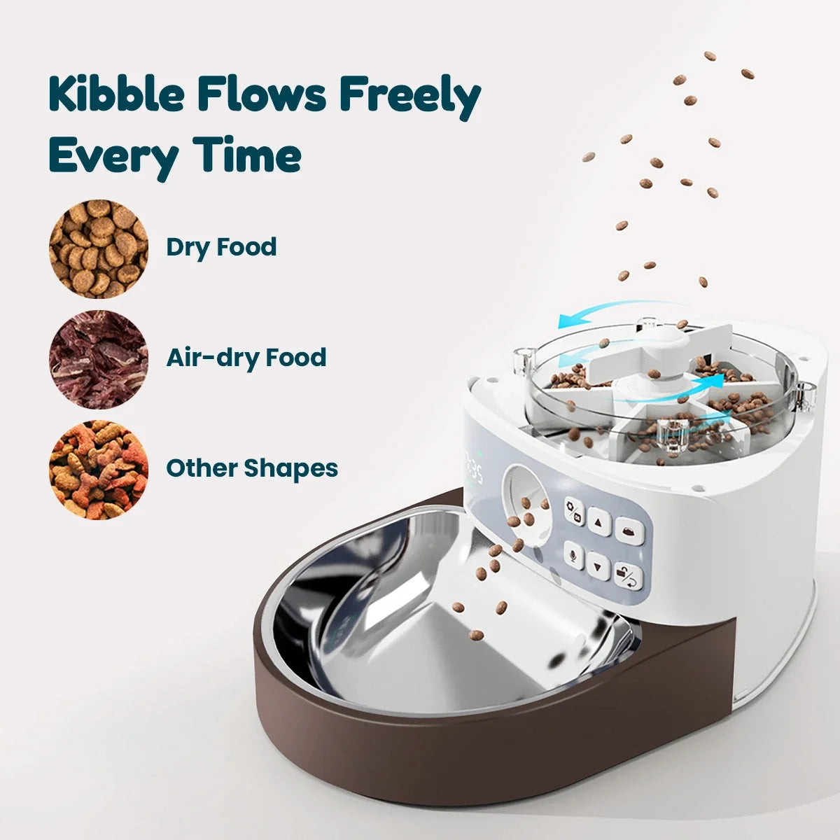 Close-up of dry kibble flowing smoothly through the feeder's internal chute