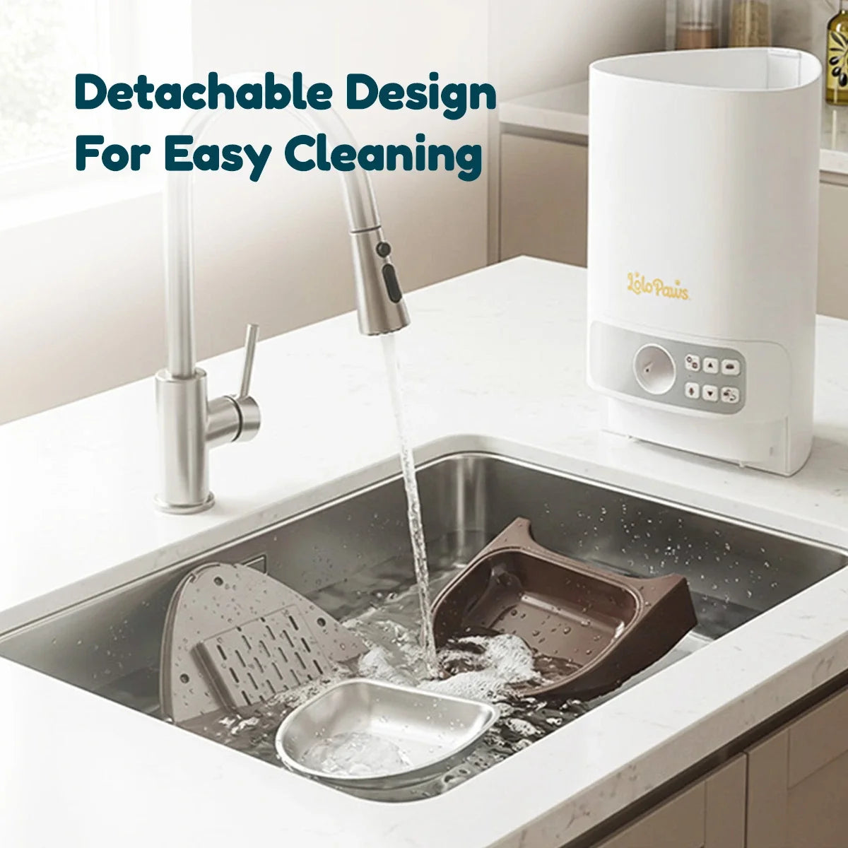 Disassembled automatic pet feeder parts laid out for easy cleaning