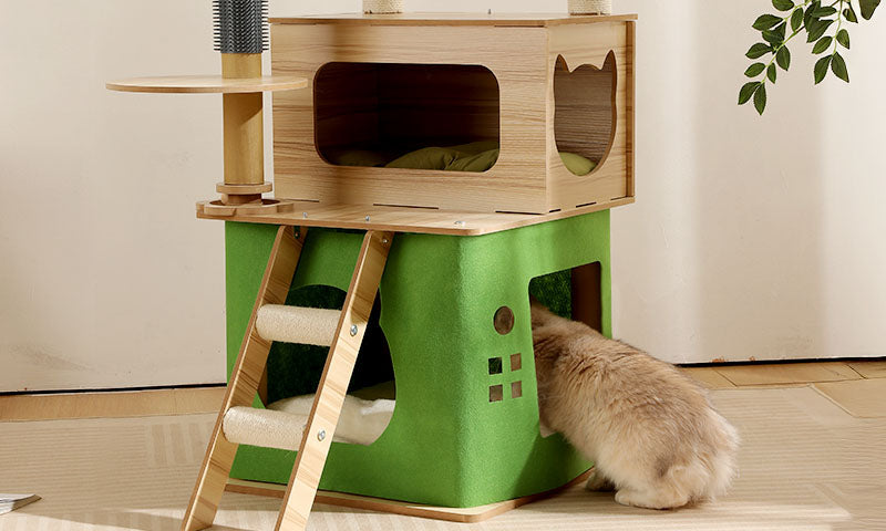 Cat entering a modern wooden and green cat tree house by Lolopaws, pet furniture for homes