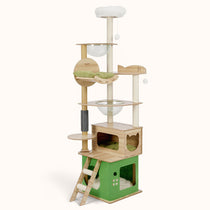 Tall 195 cm beige and green cat tower for large cat with multiple cat condos, ramps, and scratcher posts.