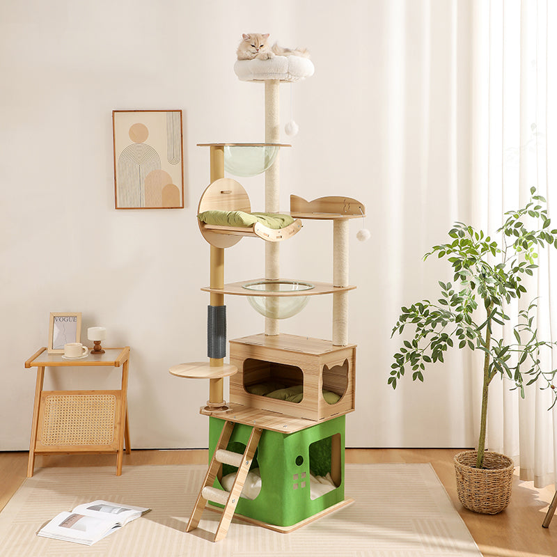 Tall 195 cm cat tower for large cats with green base, multiple beige platforms, glass shelves, cozy cat condos, and.