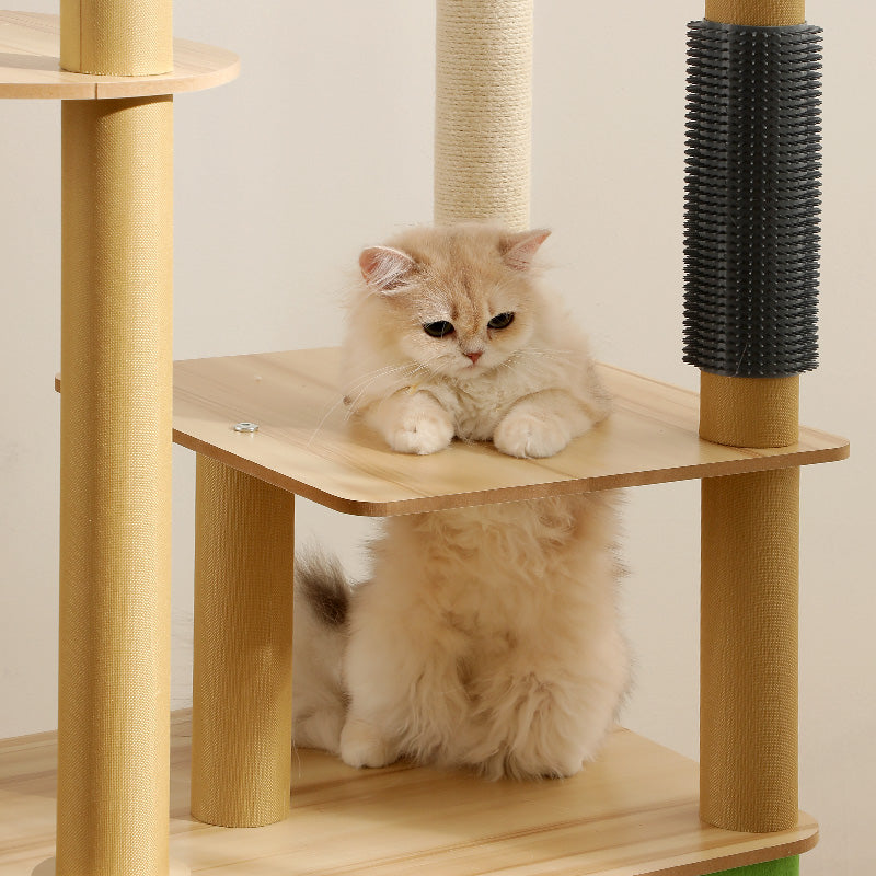 Fluffy cat sitting on Lolopaws wooden cat tree with scratching posts and textured brush