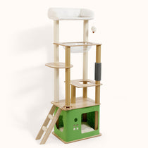 160 cm beige and green cat tower with multiple platforms, ladder, sisal scratcher, and enclosed green cat condo base for.