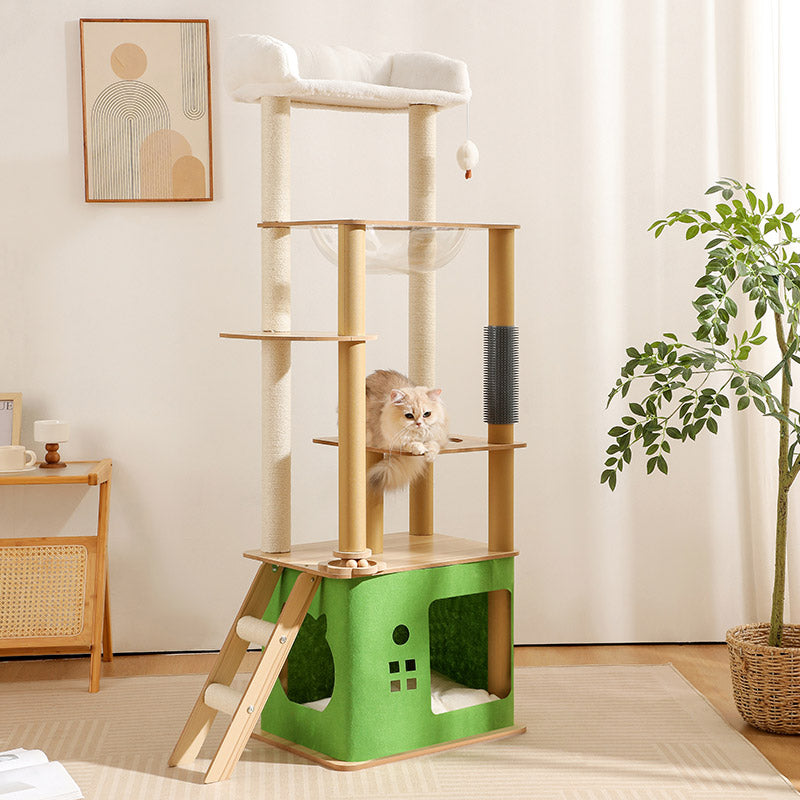 160 cm beige cat tower with green fabric cat condo, ramp, multiple platforms, and vertical scratcher.