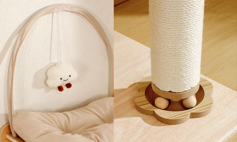 Plush smiling cloud toy hanging next to a beige cushioned cat bed and close-up of a sisal-wrapped cat scratching post on a wooden base with balls