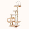 Tall birch wooden cat tree with cushioned sky hammock, sisal-wrapped posts, and hanging plush toy on ivory background