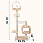 180cm tall birch wooden cat tower with clear bubble perch, cushioned cubby, sisal posts, and hanging plush toy