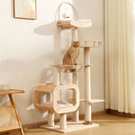180cm birch wooden cat tree with sisal posts, fabric cushions, clear bubble perch, and top hammock in bright room
