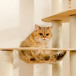Golden British Shorthair cat resting in clear bubble perch on birch wooden cat tower with sisal-wrapped posts