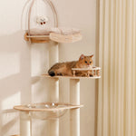 Brown cat lounging on multi-level birch wooden cat tree with sisal posts, clear bubble perch, and cushioned sky hammock