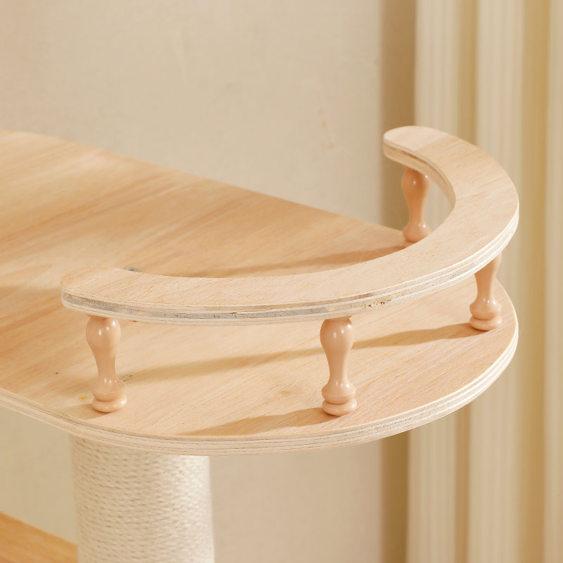 Curved birch wooden guardrail attached to platform on luxury cat tree with natural finish and light wood tones