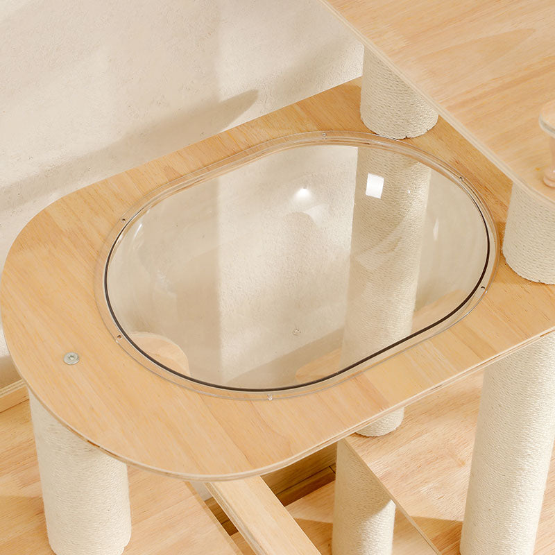 Oval clear bubble perch set in light birch wooden platform supported by sisal-covered posts on cat tower