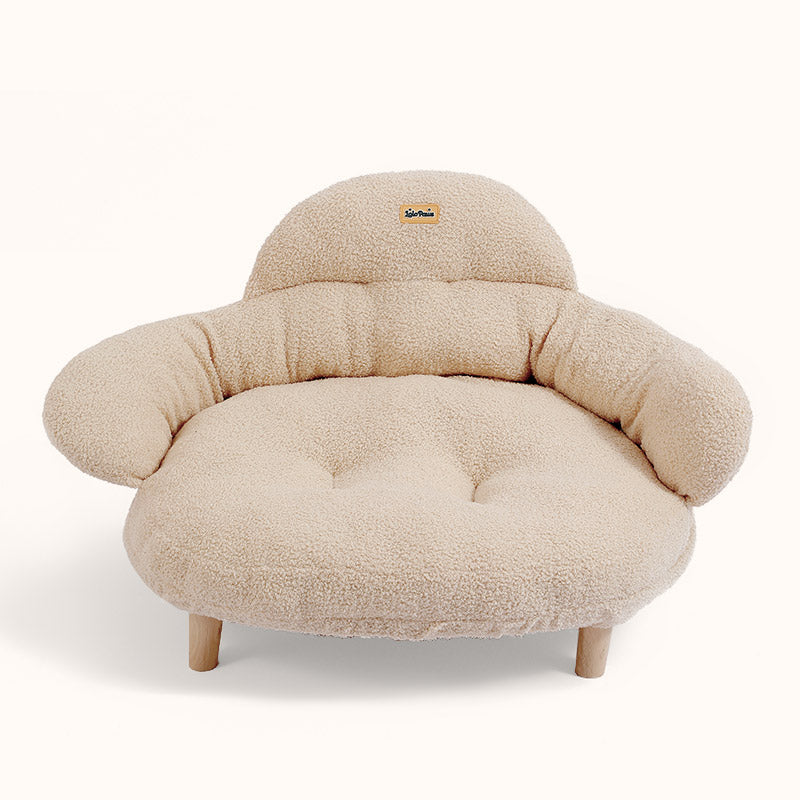 Lolopaws plush pet sofa in beige with wooden legs, cozy bed for cats and dogs