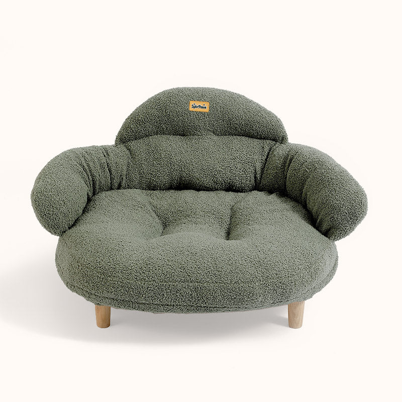 Lolopaws green plush pet sofa for cats and dogs, cozy tufted design with wooden legs