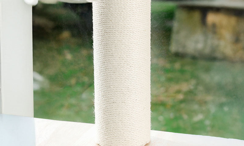 Close-up of a vertical beige sisal-wrapped cat scratching post on a white surface with greenery blurred in the background
